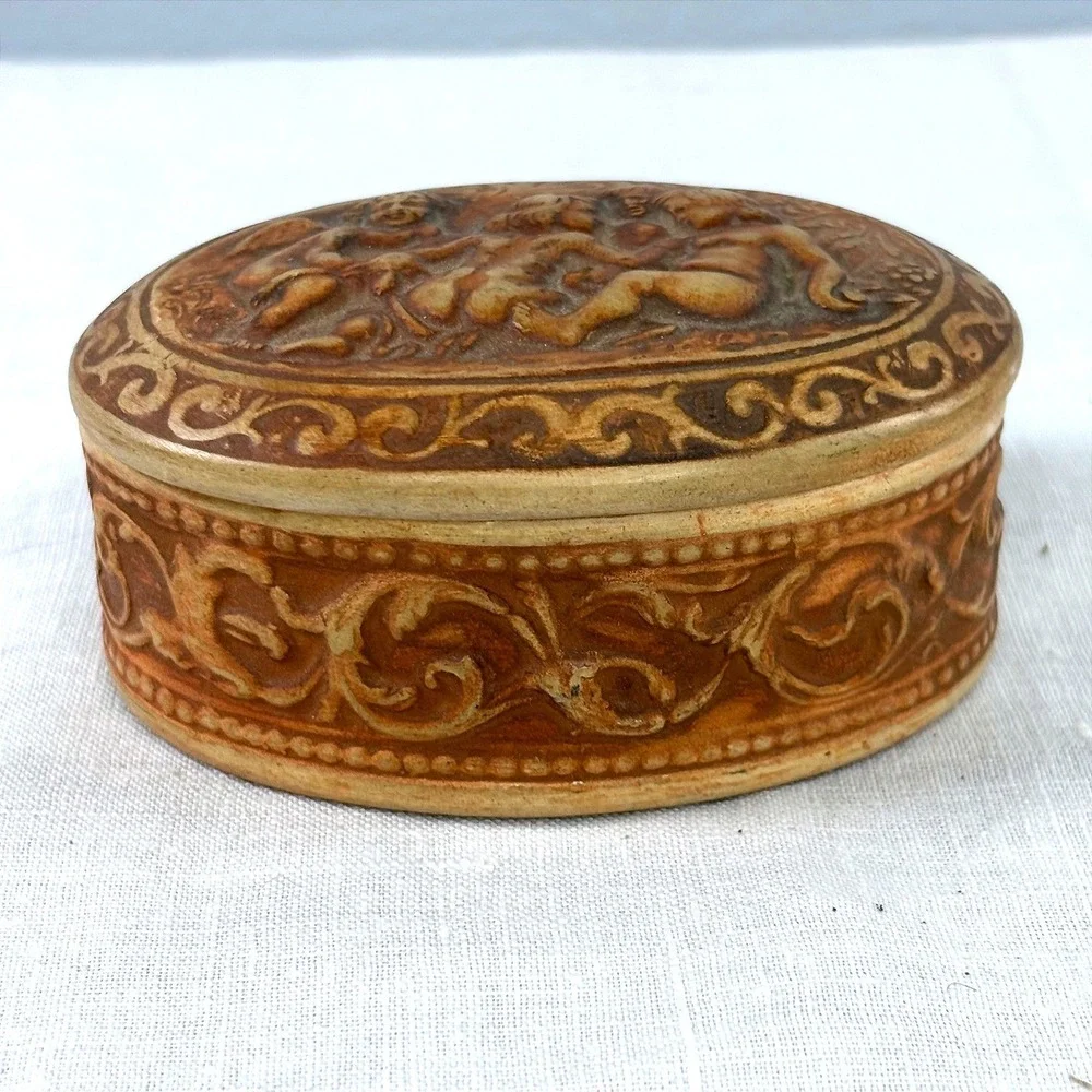 Vintage Fratelli Pugi Signa Italian Terracotta Cherub Trinket Box Oval